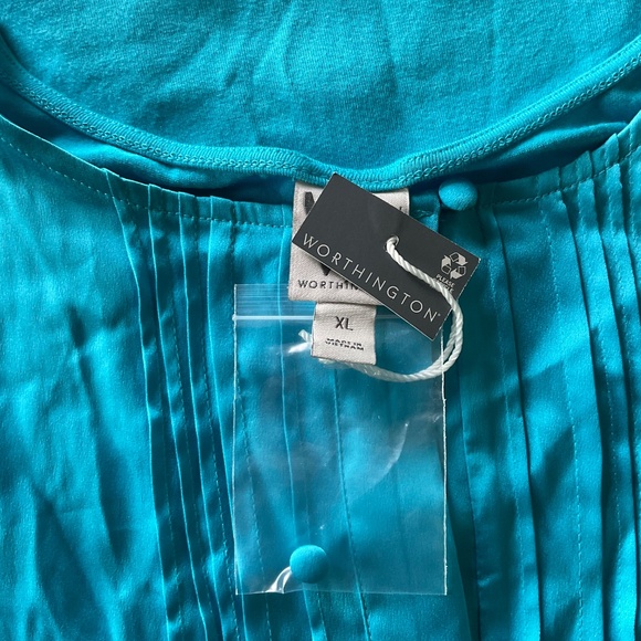 Worthington Satin Teal Blue Short Sleeve Top XL - Picture 3 of 6